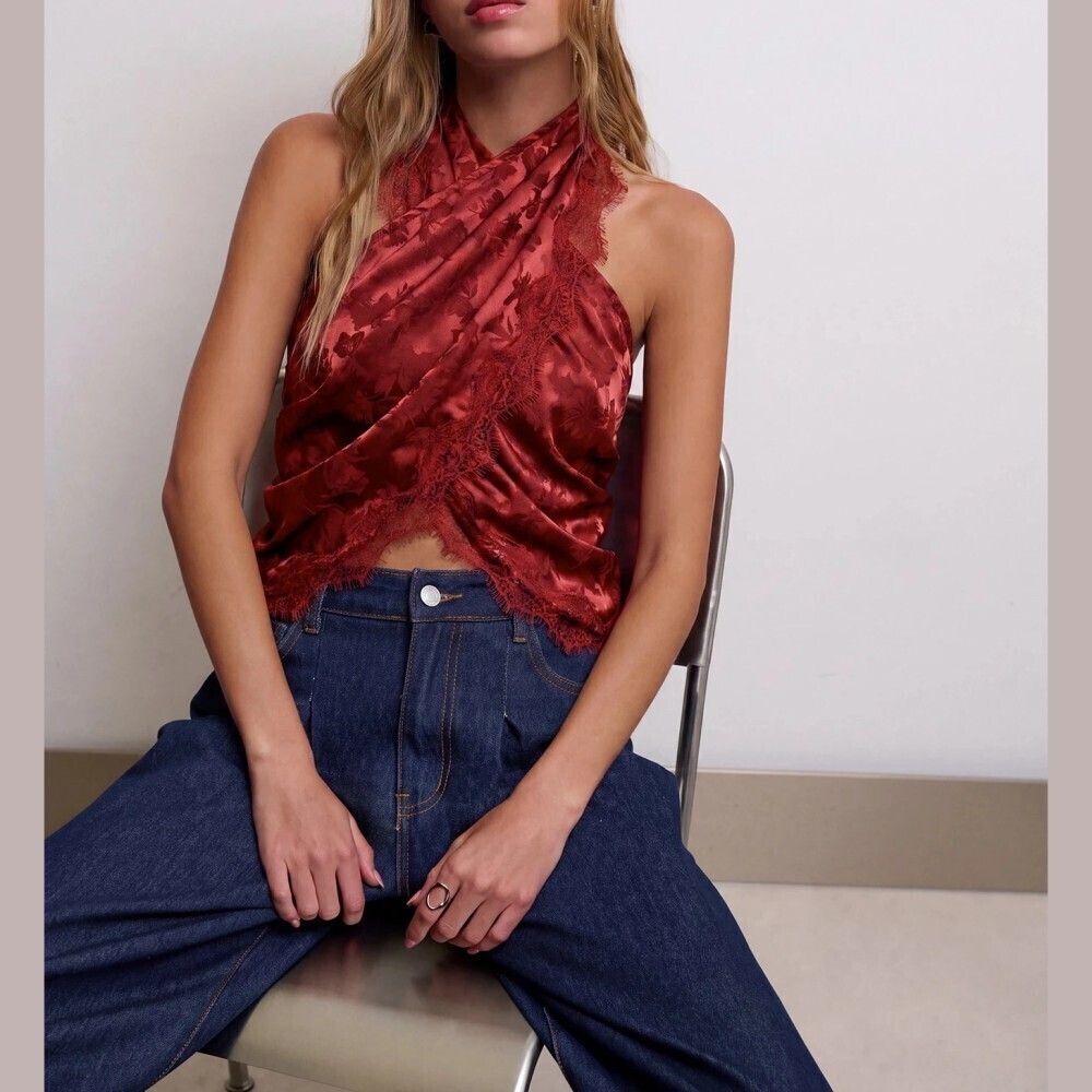 Rust Red Floral Jacquard Lace Trim Wrap Halter Top